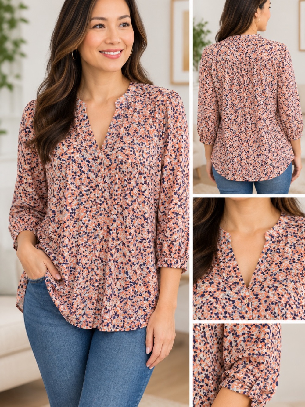 Cocomo Blouse V-Neck Orange & Blue Print Wrinkle Free XL